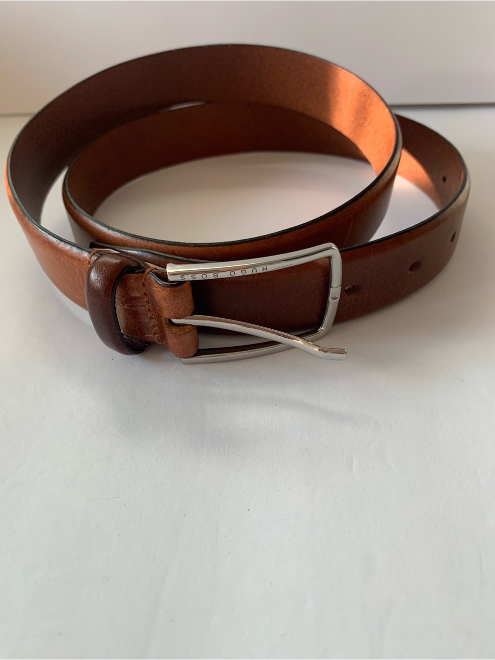 Hugo Boss Tan Brown Leather Chuck Men's Belt with Silver Buckle